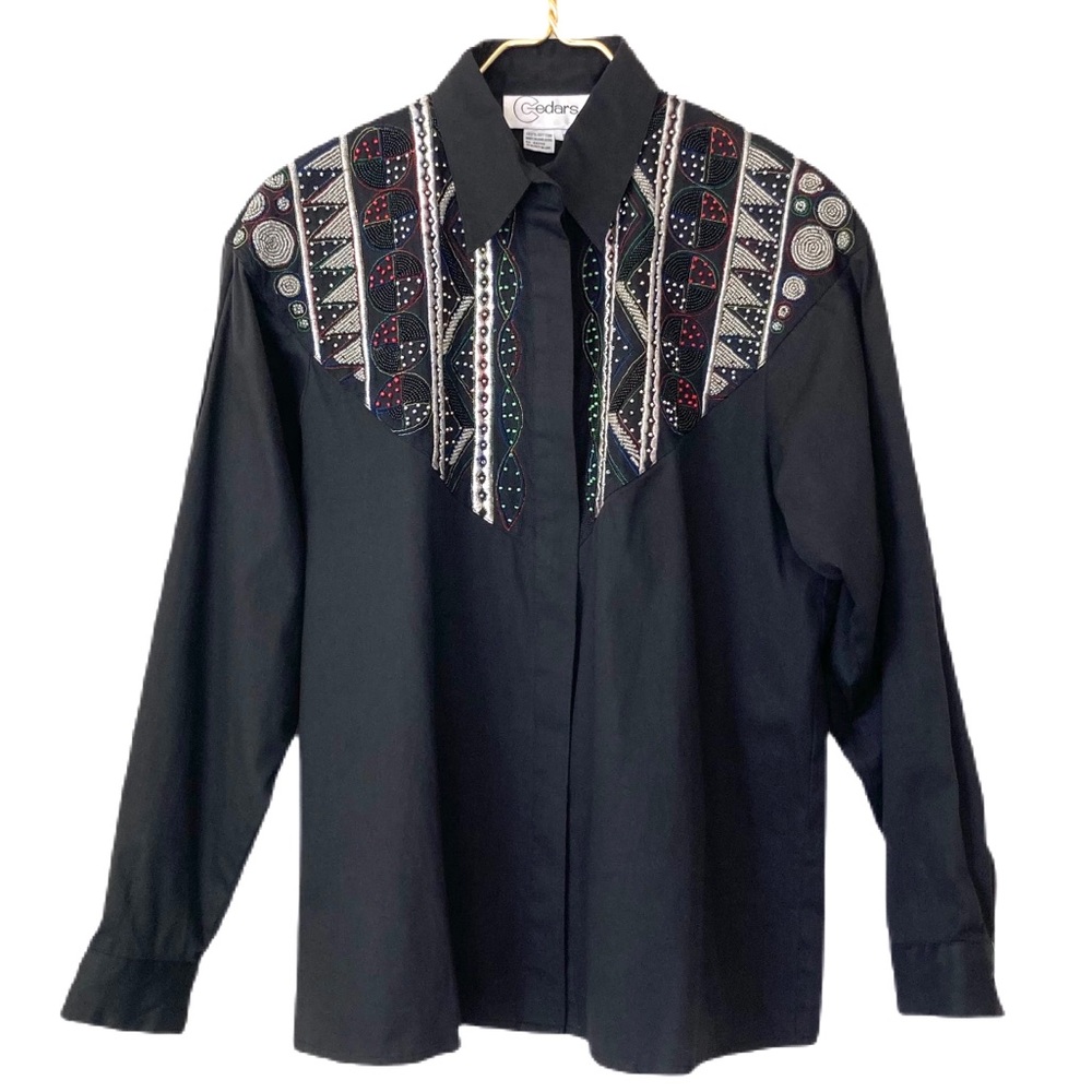 VINTAGE CEDARS EMBELLISHED COLLARED BUTTON-DOWN SHIRT, WESTERN-COTTON sz 10